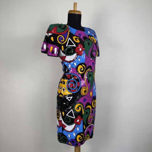 Vintage 80s Laurence Kazar Silk Beaded Sequin Dress | Abstract Geometric Sheath - Picture 4 of 14